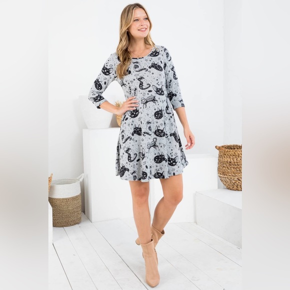 Crystal Cats Print 3/4 Sleeves Sweater Dress With Pockets - Picture 2 of 7